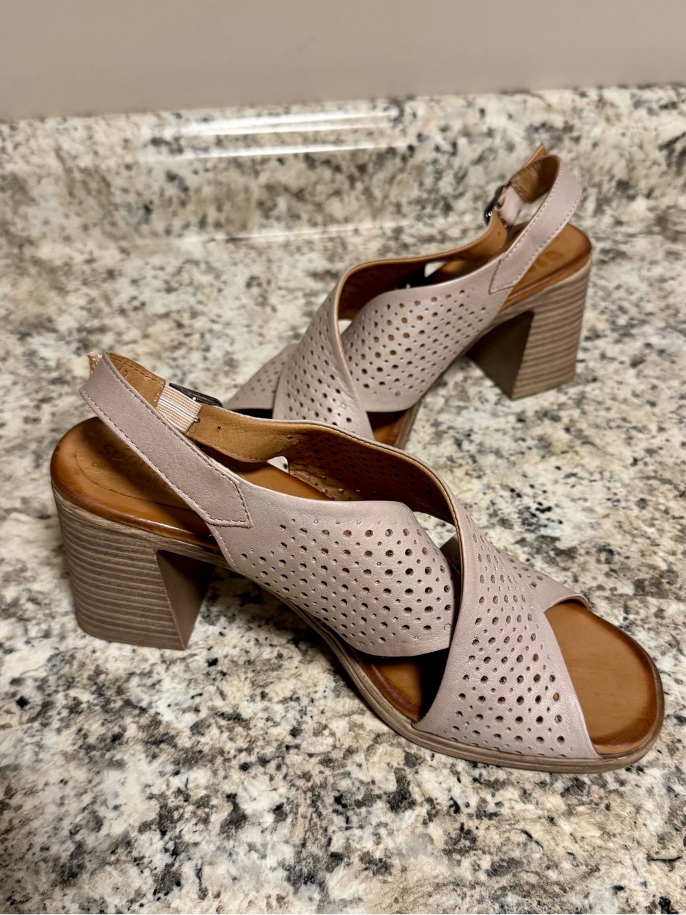 Spring Step Perforated Slingback Block Heel Sandals - Light Beige